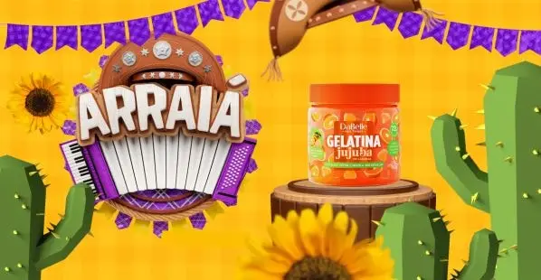 Post junino com um pote de gelatina DaBelle entre cactos, girassol e bandeirinhas.