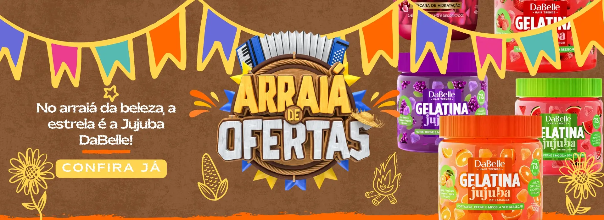 Banner junino "Arraiá de Ofertas" com bandeirinhas e potes de gelatina DaBelle.