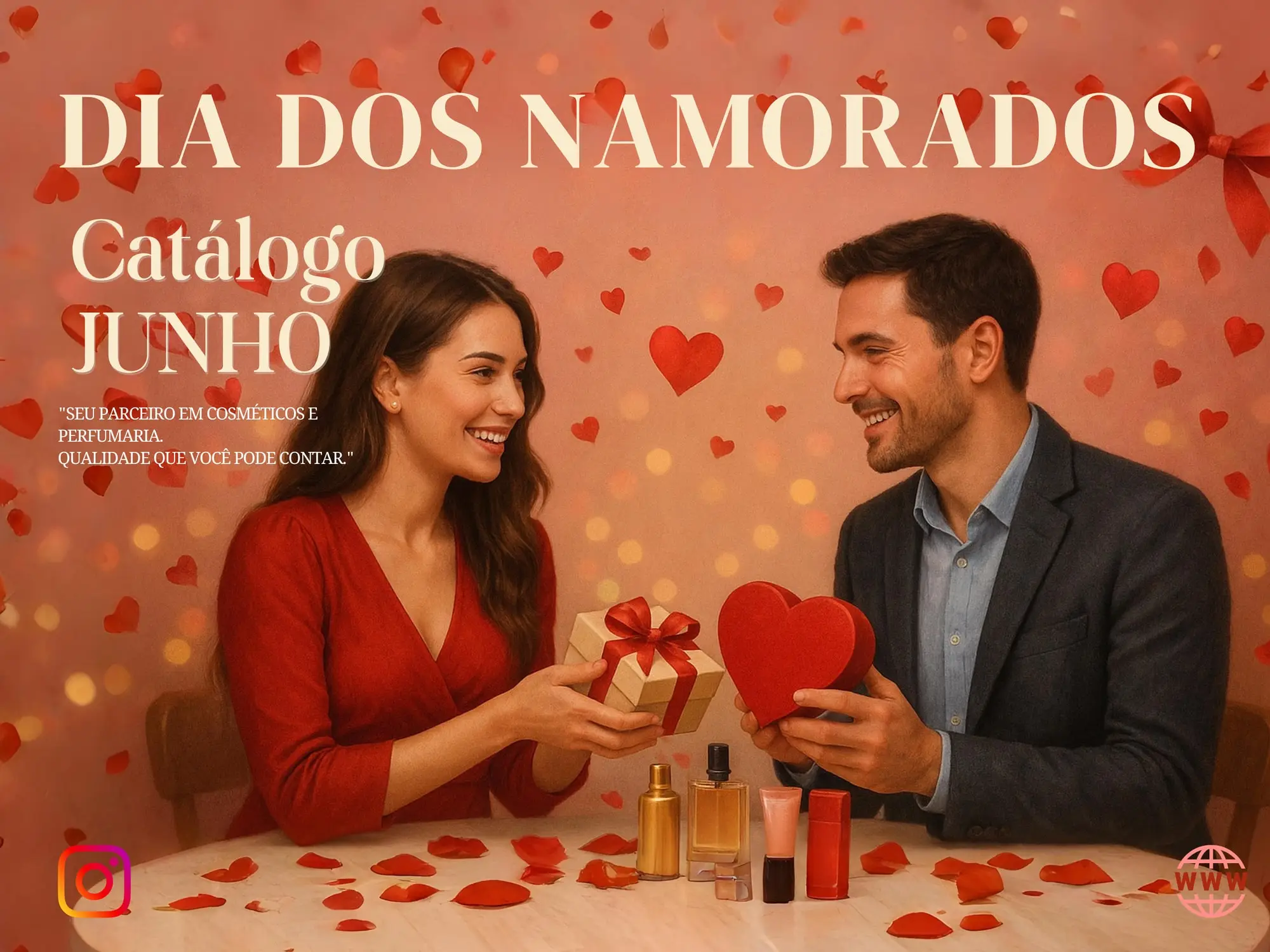 Capa de catálogo de junho com um casal trocando presentes numa mesa com pétalas de rosa.