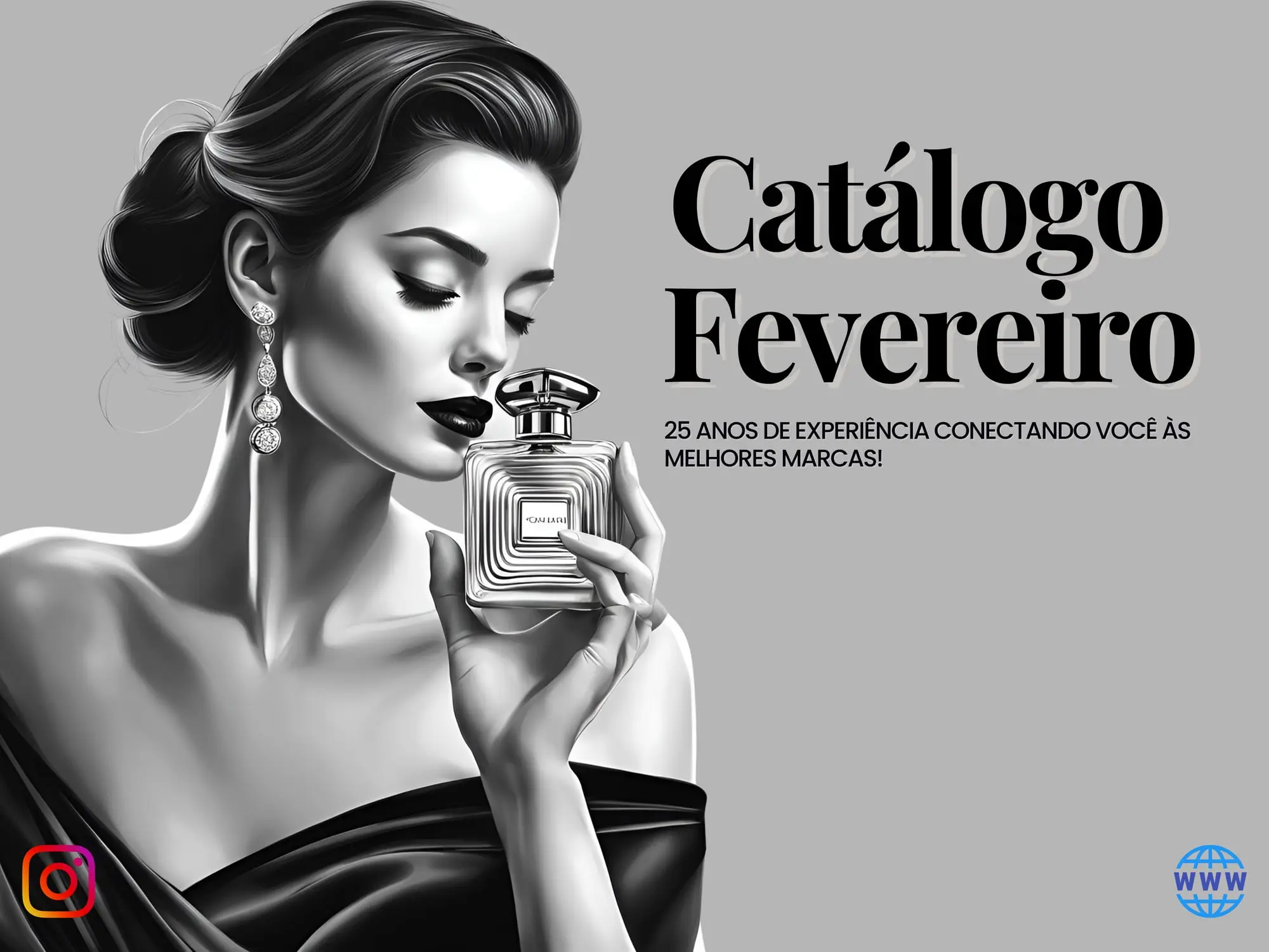 Capa de catálogo em preto e branco com uma mulher elegante segurando um frasco de perfume.