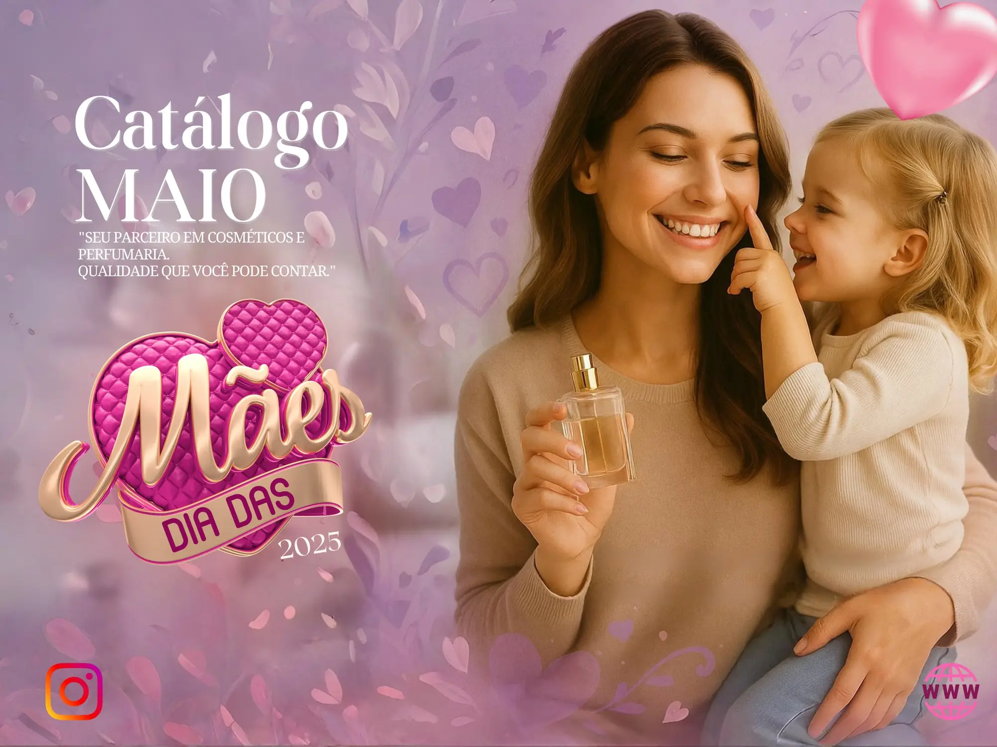 Capa de catálogo de maio com mãe e filha sorrindo e o selo "Dia das Mães".