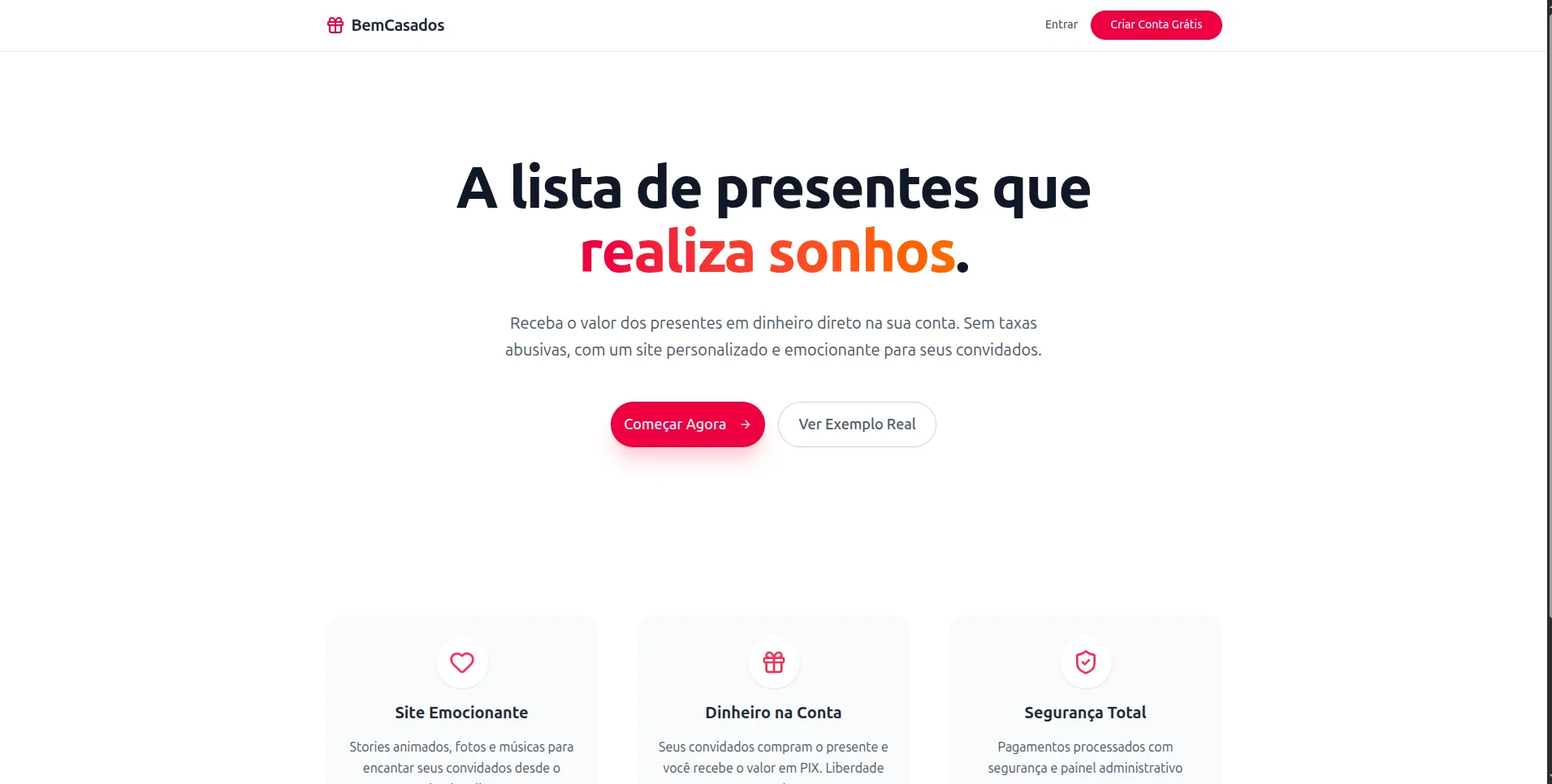 Página inicial do Bem Casados com o título "A lista de presentes que realiza sonhos."