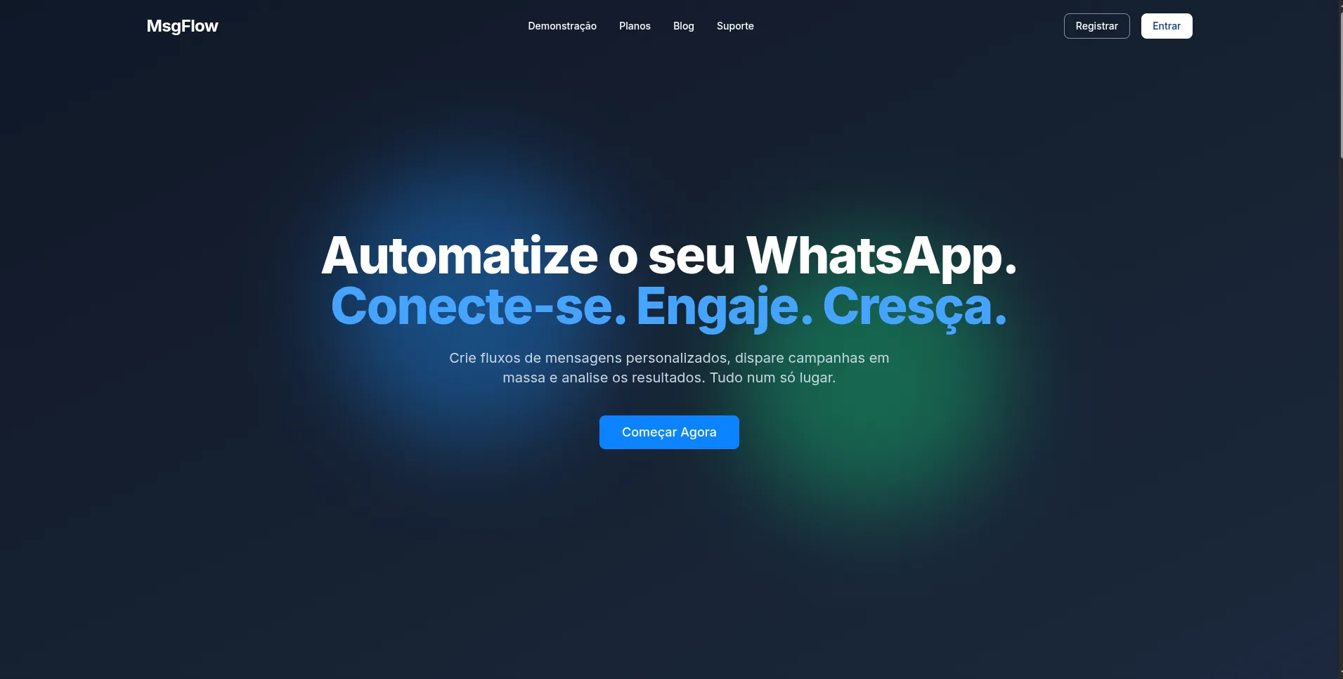 Página inicial do MsgFlow com o título "Automatize o seu WhatsApp. Conecte-se. Engaje. Cresça."
