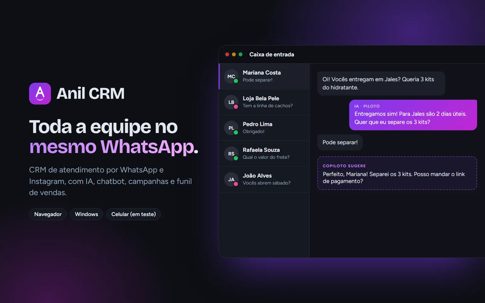 Ilustração do Anil CRM: caixa de entrada com conversas de WhatsApp e Instagram, resposta da IA no modo Piloto e sugestão do Copiloto. Dados fictícios.