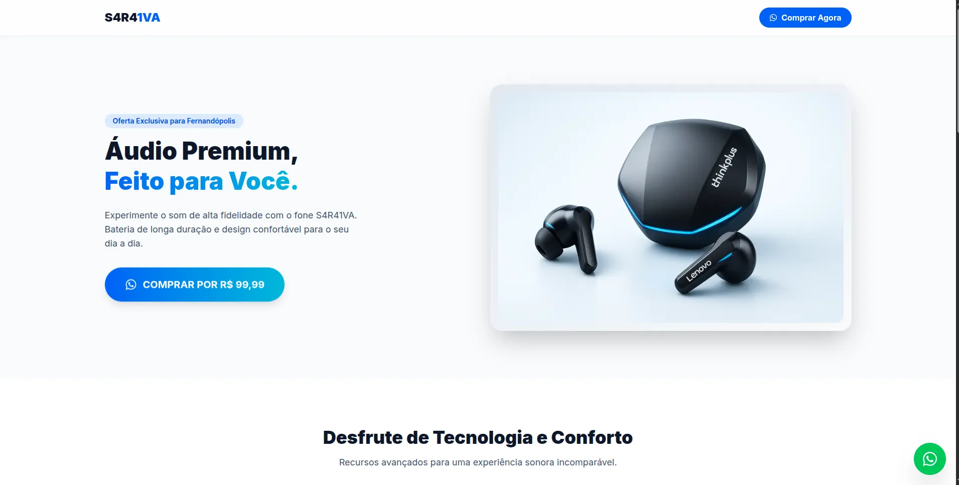 Landing page do fone Lenovo ThinkPlus com o título "Áudio premium, feito para você" e o botão "Comprar por R$ 99,99".