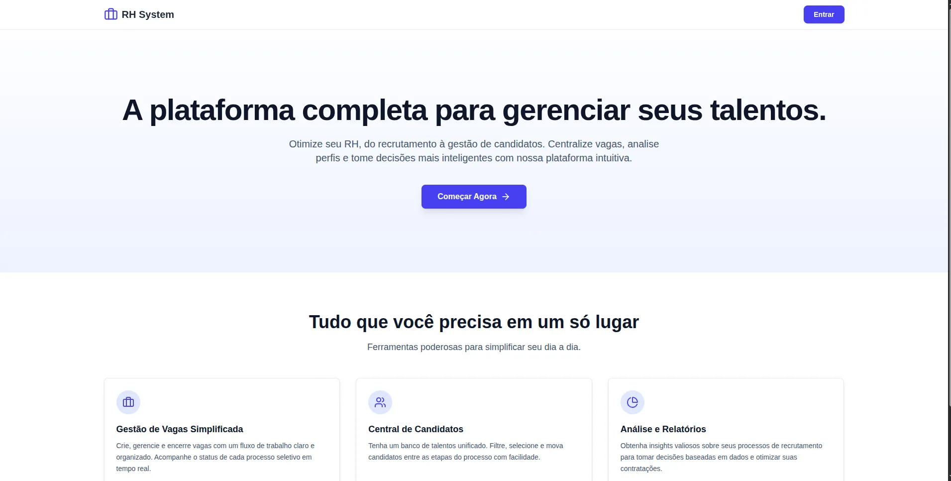 Página inicial do sistema de recrutamento com o título "A plataforma completa para gerenciar seus talentos."