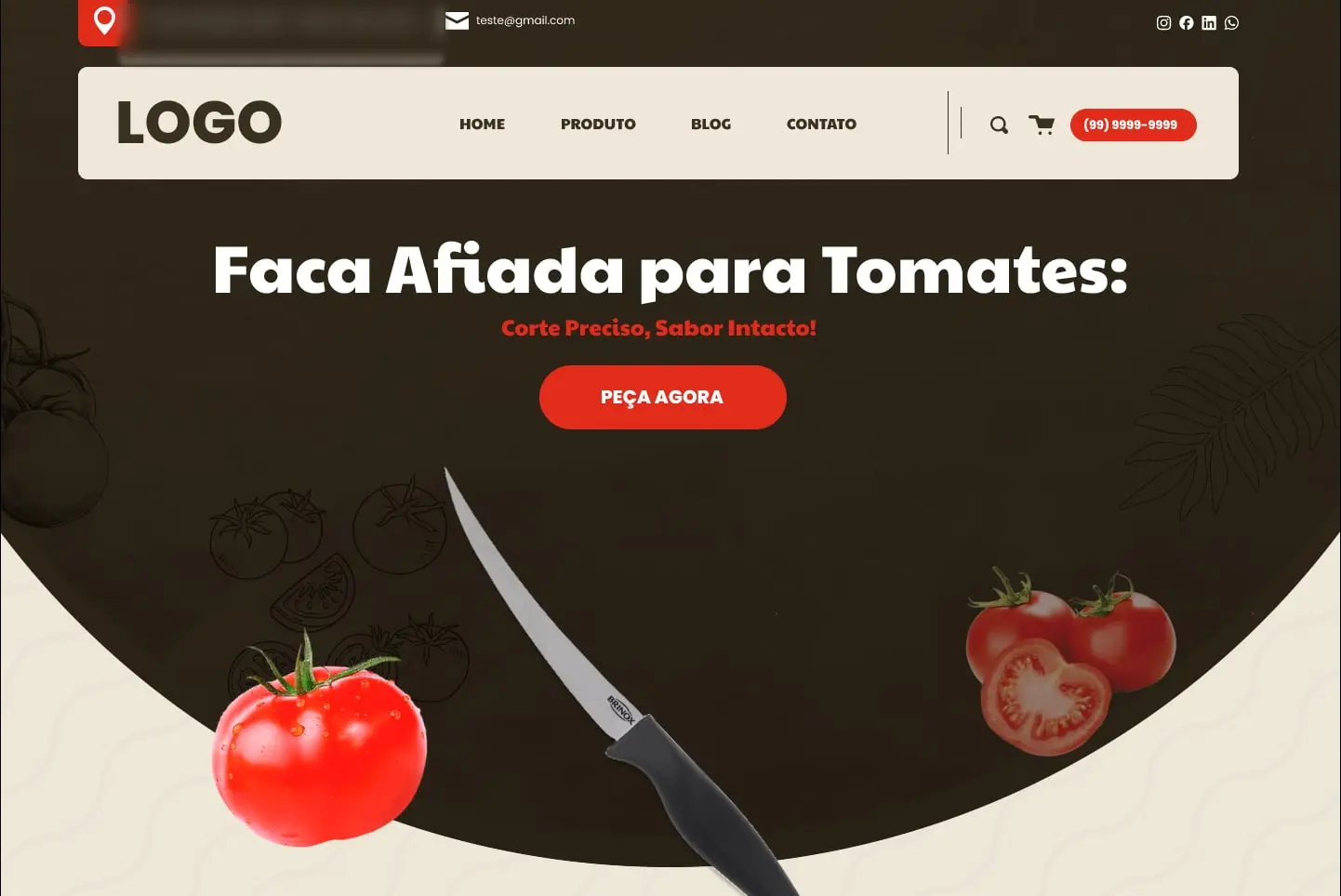 Protótipo de página de venda "Faca afiada para tomates" com fundo escuro, tomates e uma faca.