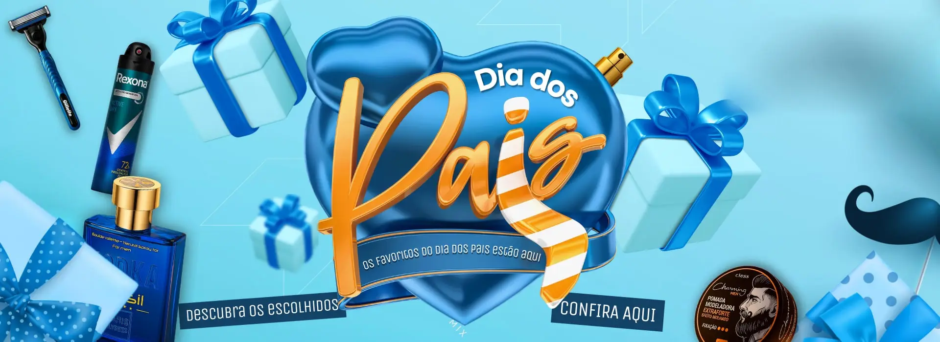 Banner azul de Dia dos Pais com presentes, perfume, desodorante e aparelho de barbear.