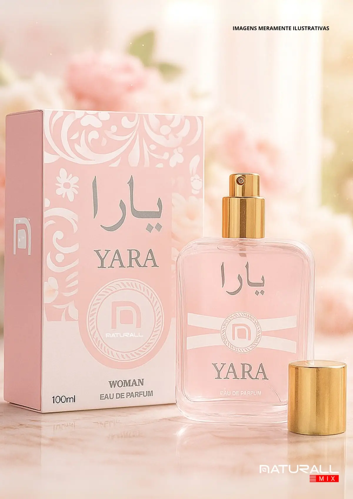 Página de catálogo com o perfume Yara em caixa rosa, sobre um fundo de flores.