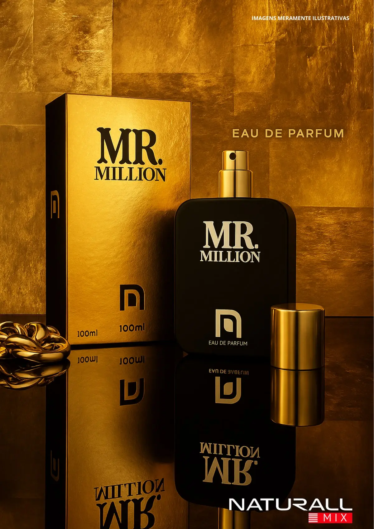Página de catálogo com o perfume Mr. Million em tons de dourado.
