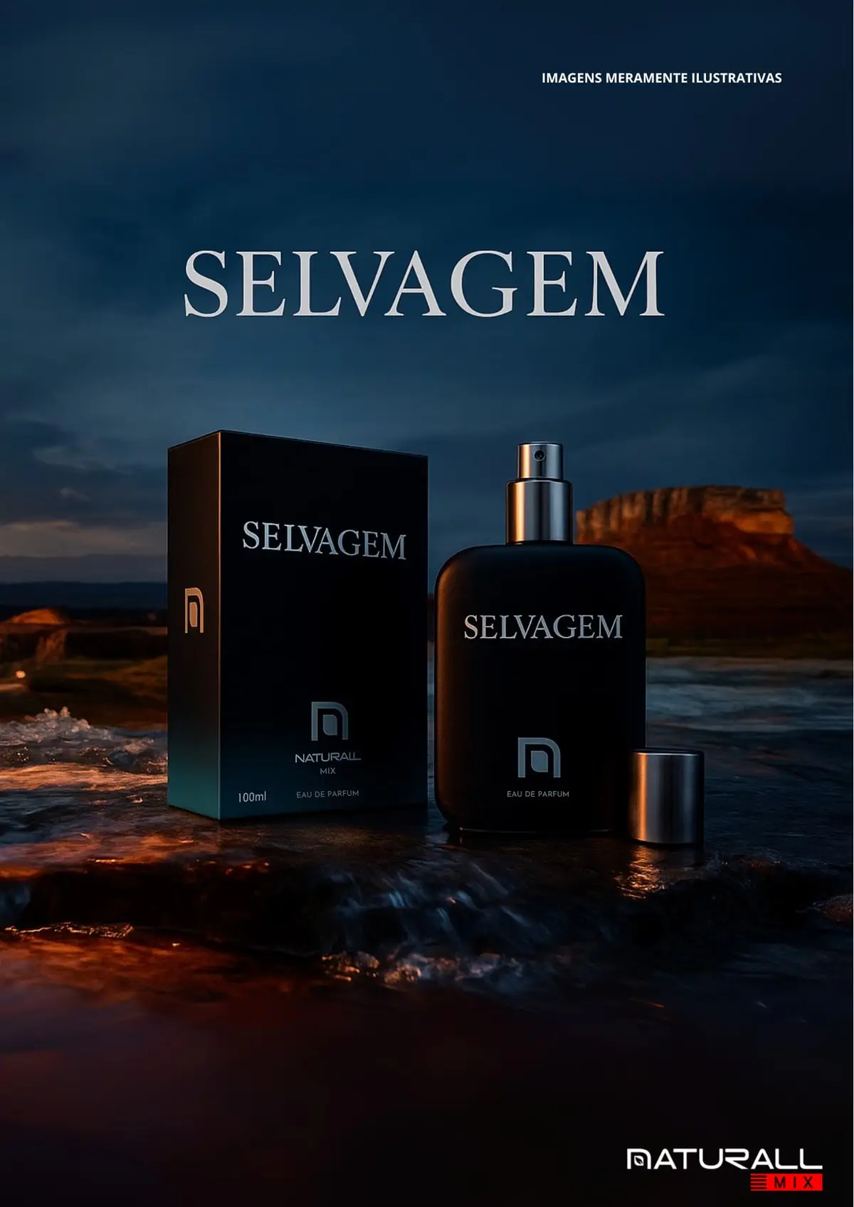 Página de catálogo com o perfume Selvagem numa paisagem de céu azul ao entardecer.