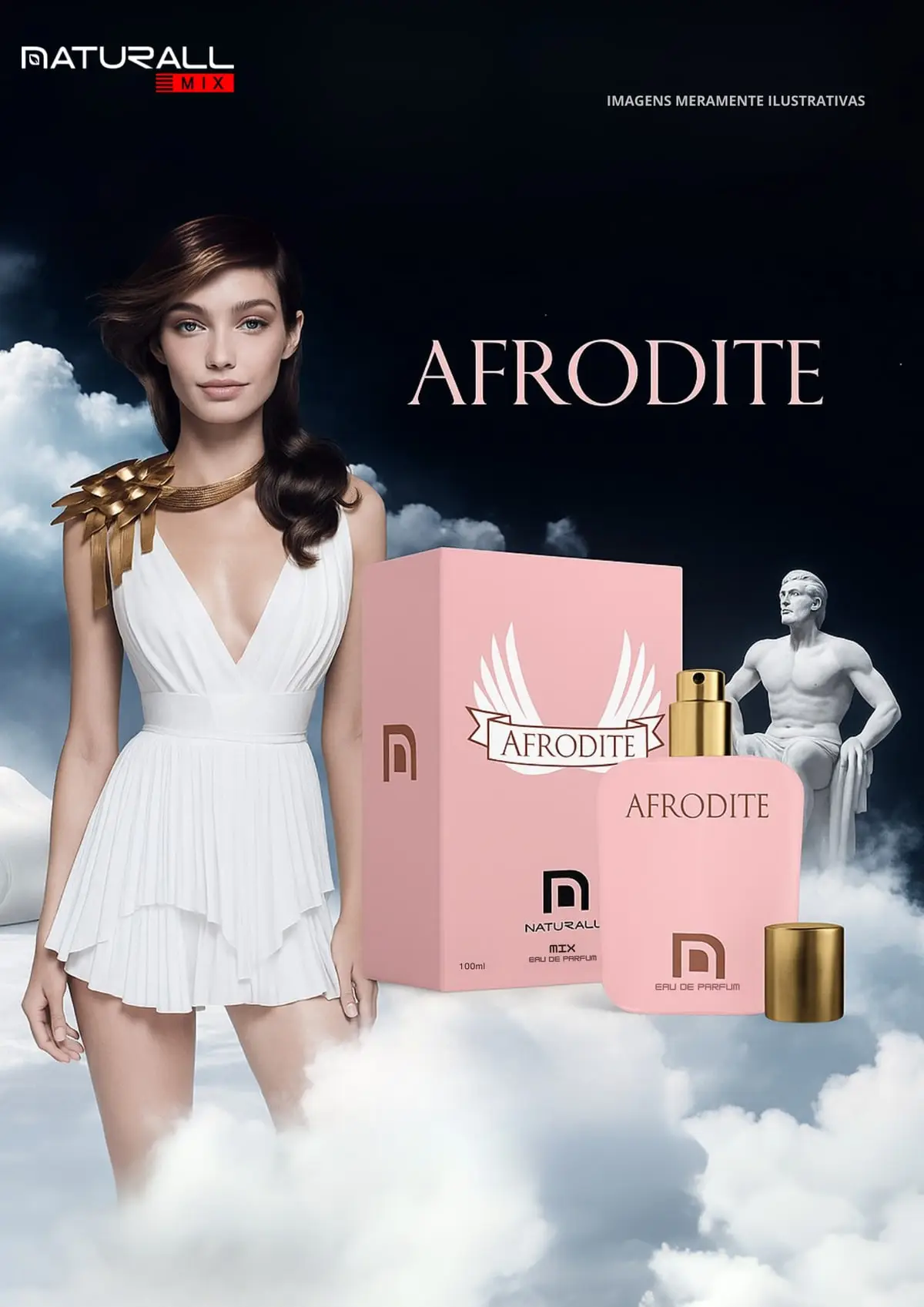 Página de catálogo com o perfume Afrodite e uma modelo de vestido branco entre nuvens.