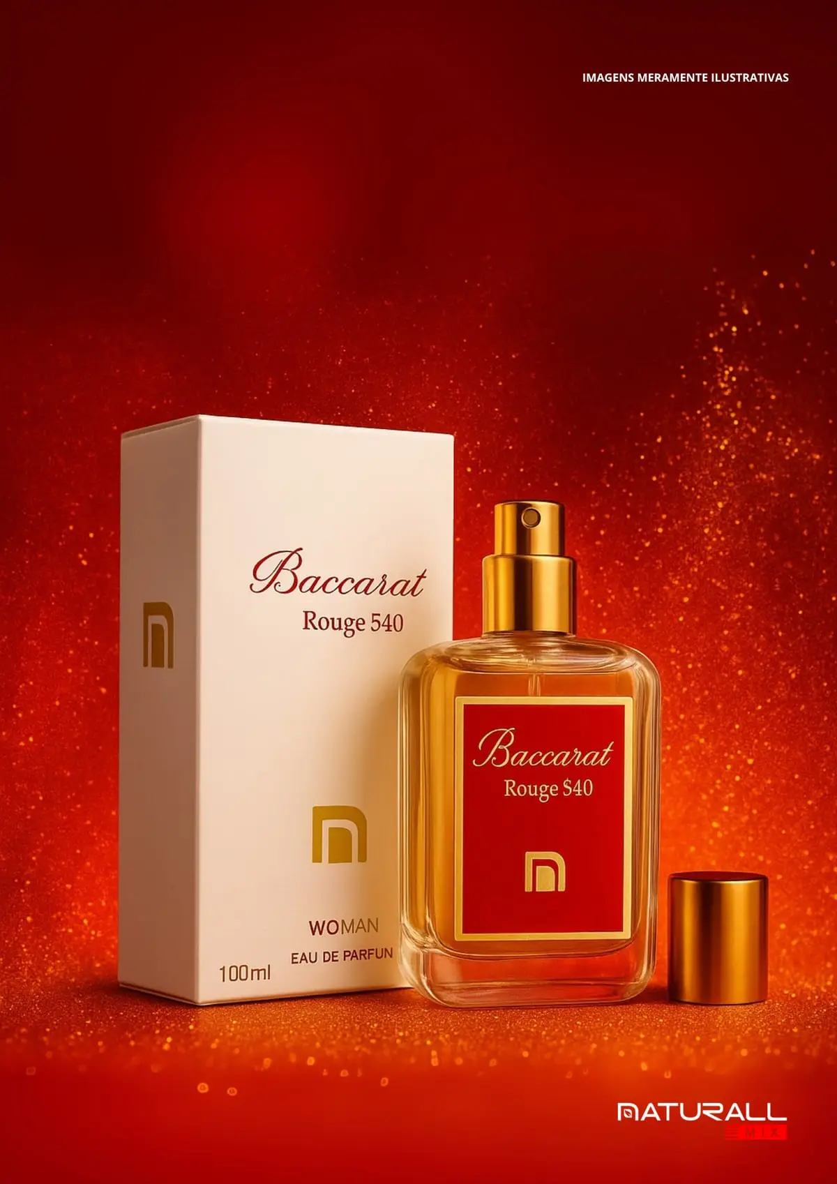 Página de catálogo com o perfume Baccarat em caixa branca sobre um fundo vermelho.