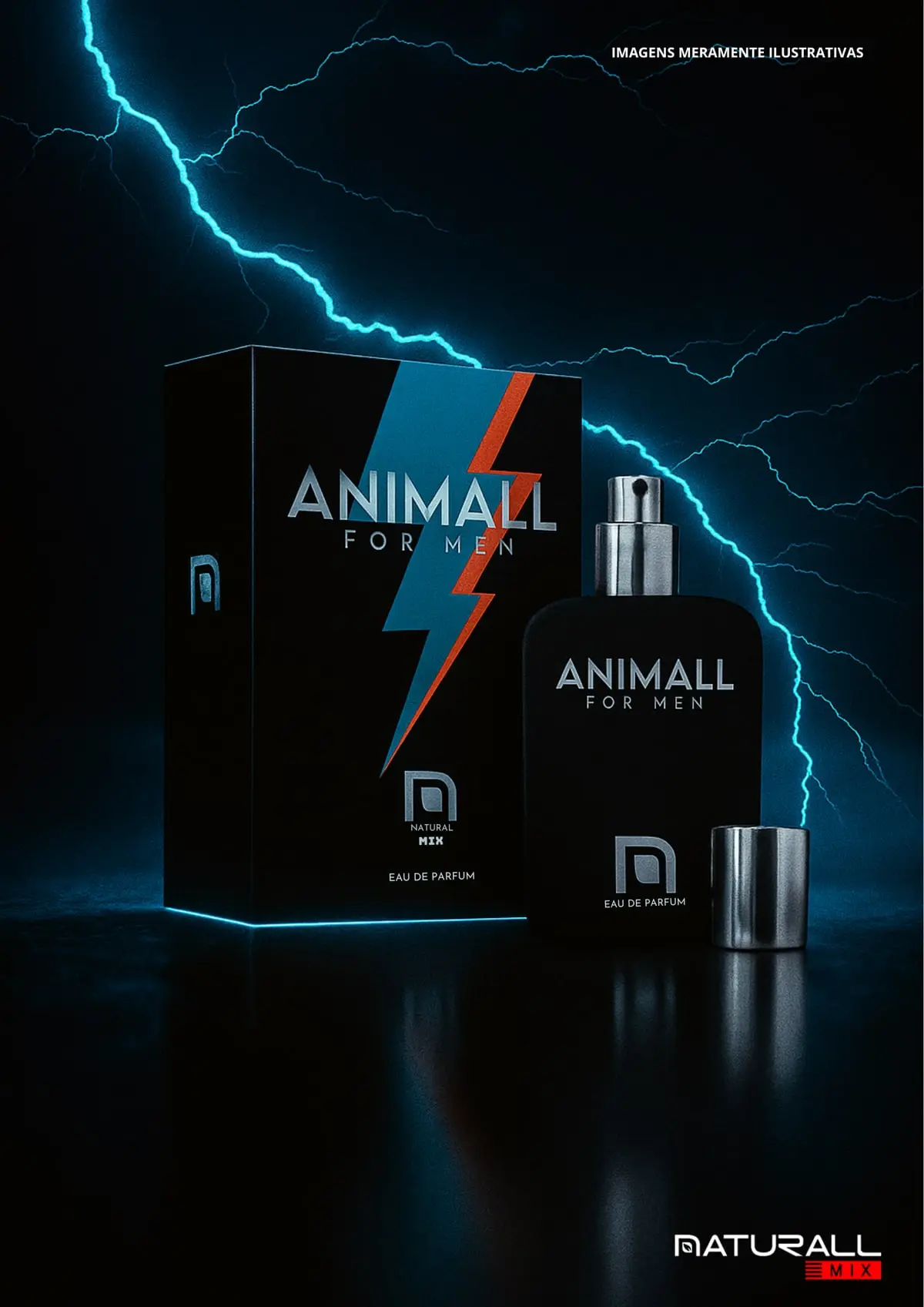 Página de catálogo com o perfume Animall num cenário escuro com raios azuis.