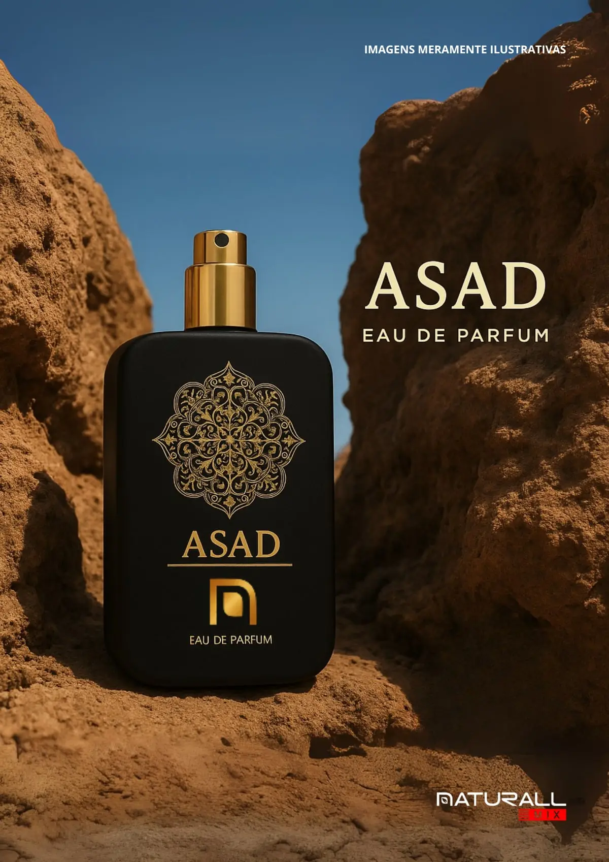 Página de catálogo com o perfume Asad sobre rochas no deserto.