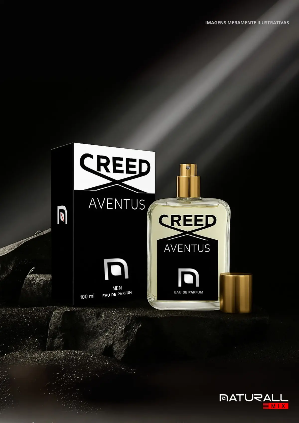 Página de catálogo com o perfume Aventus em caixa preta e branca, iluminado por um feixe de luz.