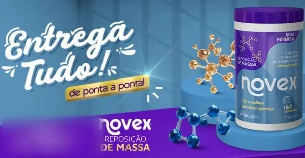 Post "Entrega tudo, de ponta a ponta" com o creme Novex Reposição de Massa e moléculas douradas.