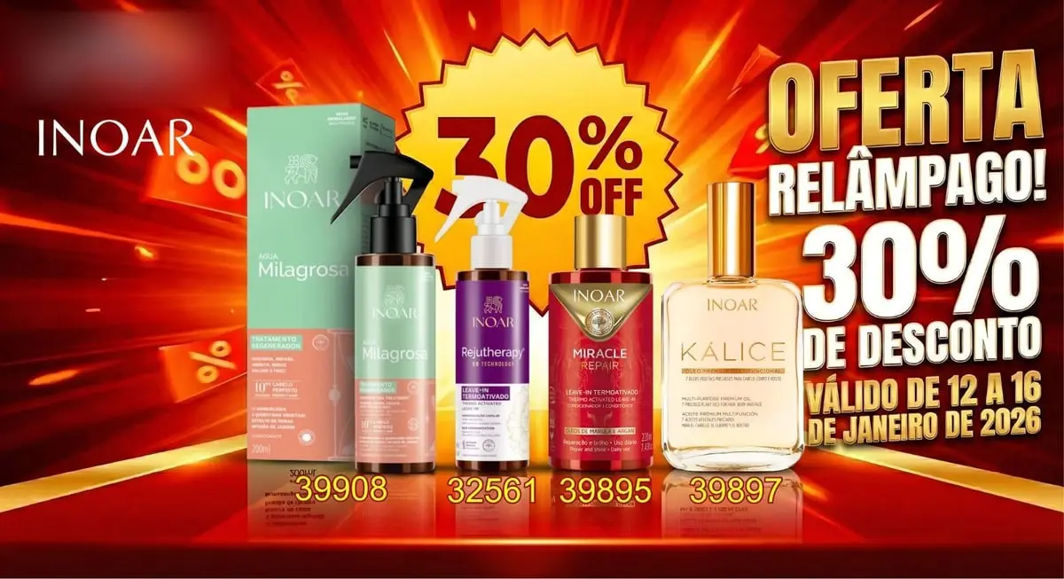 Post vermelho "Oferta relâmpago, 30% de desconto" com produtos de cabelo da Inoar.