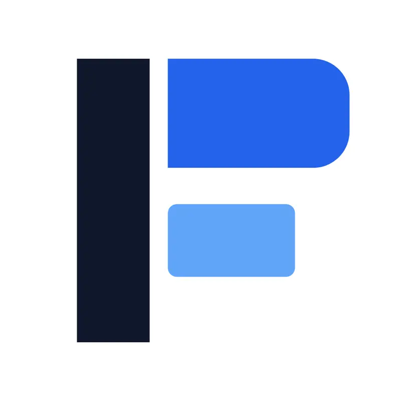 Símbolo do PrevFlow: as letras P e F fundidas em azul-escuro e dois tons de azul.