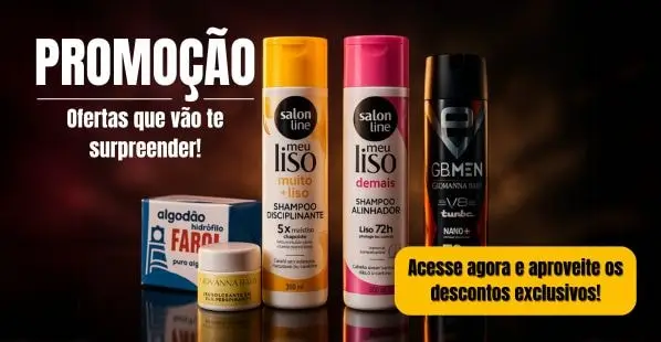 Post "Promoção, ofertas que vão te surpreender" com xampus e cremes em fundo escuro.