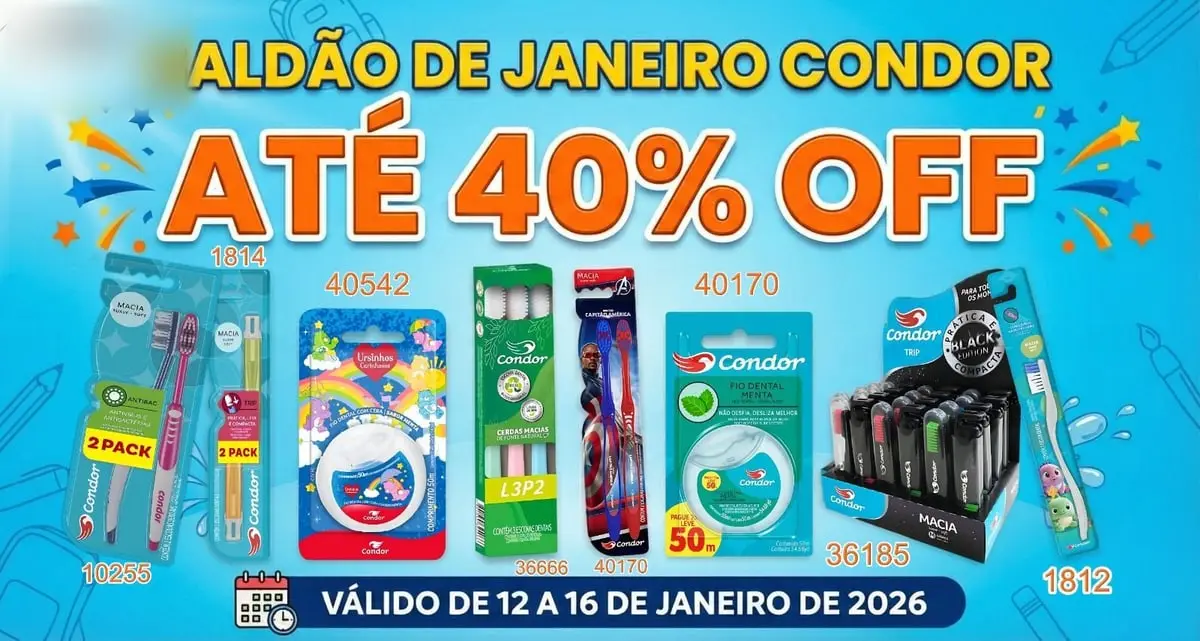 Post "Saldão de Janeiro Condor, até 40% off" com escovas de dente e fios dentais com os códigos dos produtos.
