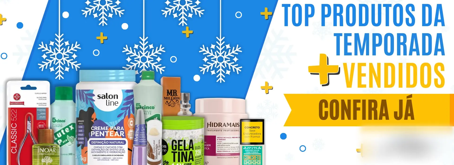 Banner natalino "Top produtos da temporada, mais vendidos" com flocos de neve e vários produtos de beleza.