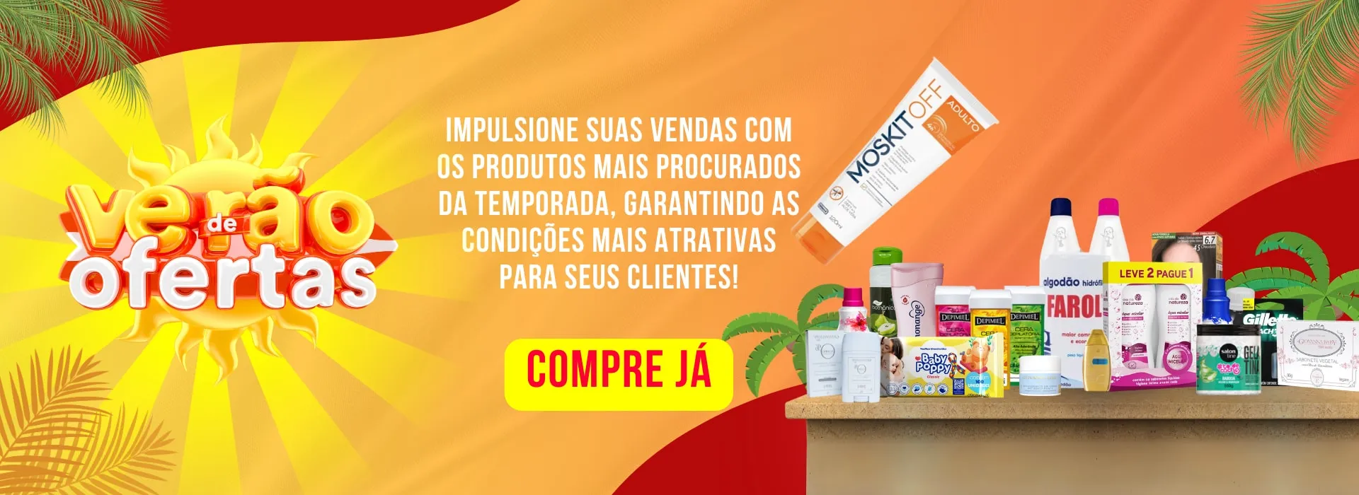 Banner "Verão de Ofertas" com produtos de higiene e beleza sobre um balcão e o botão "Compre já".